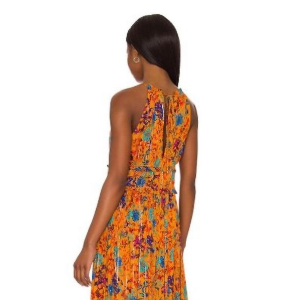 Bcbgmaxazria Maxi Dress Orange/mandarin Color Multi Floral Ruffled Metallic XL - Picture 9 of 9